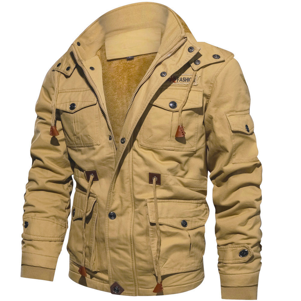 Men's Zip Up Cargo Jacket Thickened Winter Detachable Hood Multi Pockets