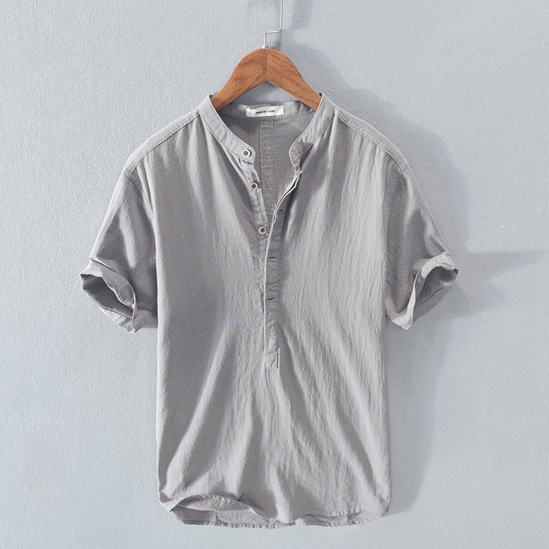 Men's Short Sleeve T Shirt Stand Collar Ice Silk Linen
