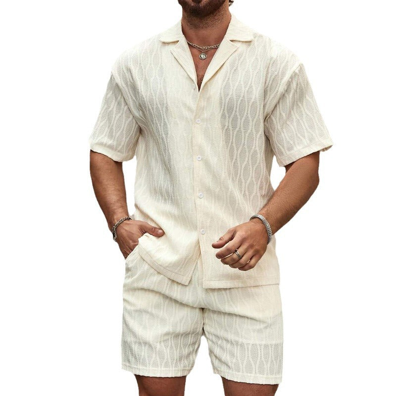 Men's Tracksuit Summer Casual Two Piece Lapel Button Shirt Shorts Set