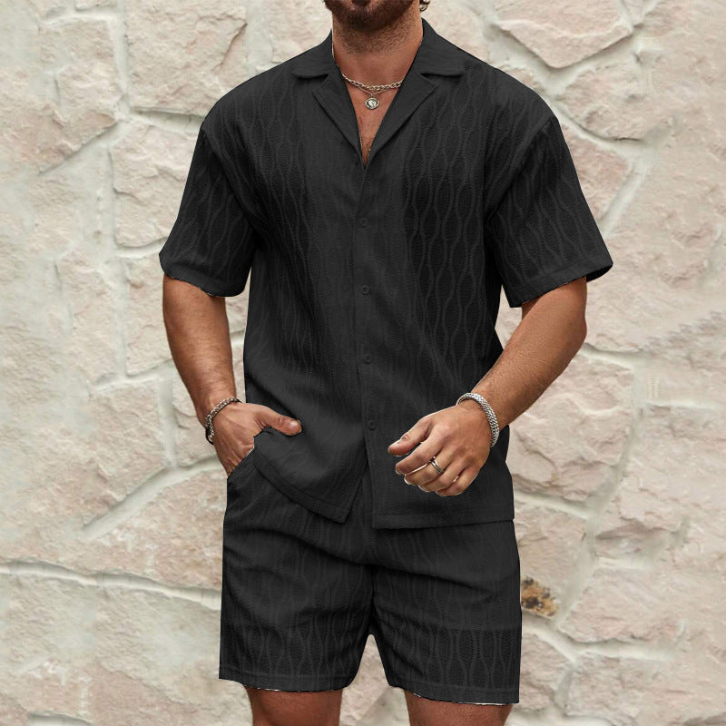 Men's Tracksuit Summer Casual Two Piece Lapel Button Shirt Shorts Set