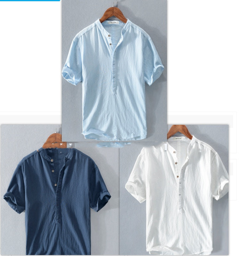 Men's Short Sleeve T Shirt Stand Collar Ice Silk Linen