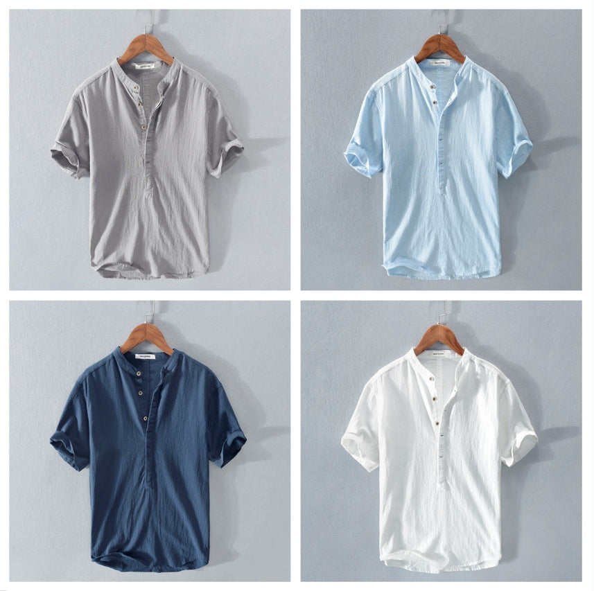 Men's Short Sleeve T Shirt Stand Collar Ice Silk Linen