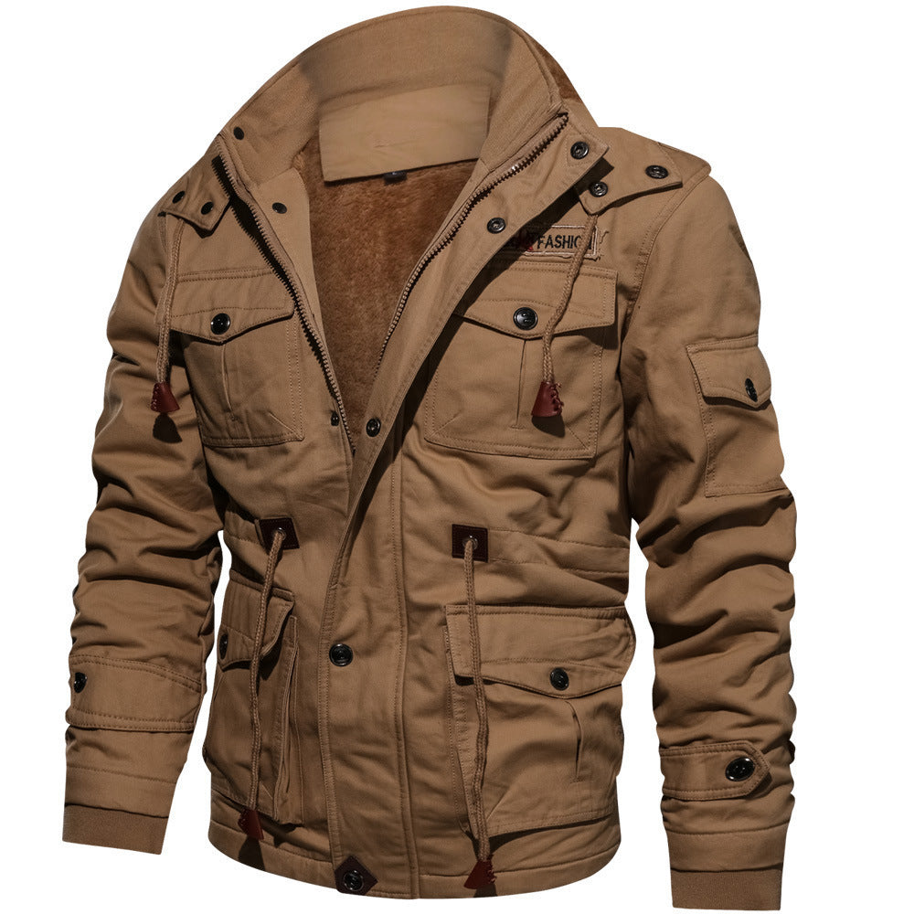 Men's Zip Up Cargo Jacket Thickened Winter Detachable Hood Multi Pockets