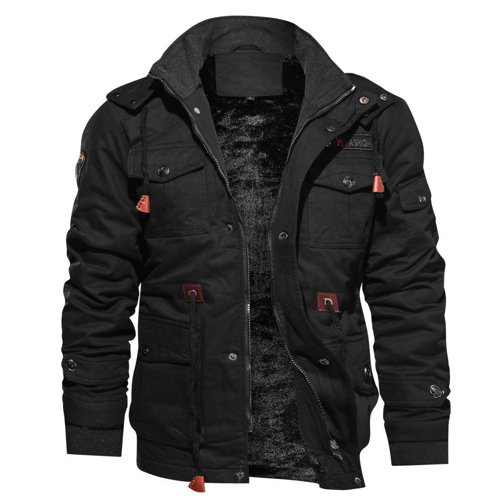 Men's Zip Up Cargo Jacket Thickened Winter Detachable Hood Multi Pockets