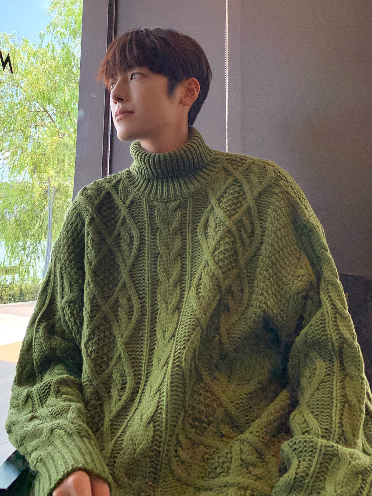 Men's Sweater Turtleneck Jacquard Green