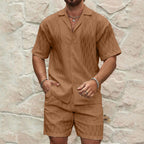 Men's Tracksuit Summer Casual Two Piece Lapel Button Shirt Shorts Set