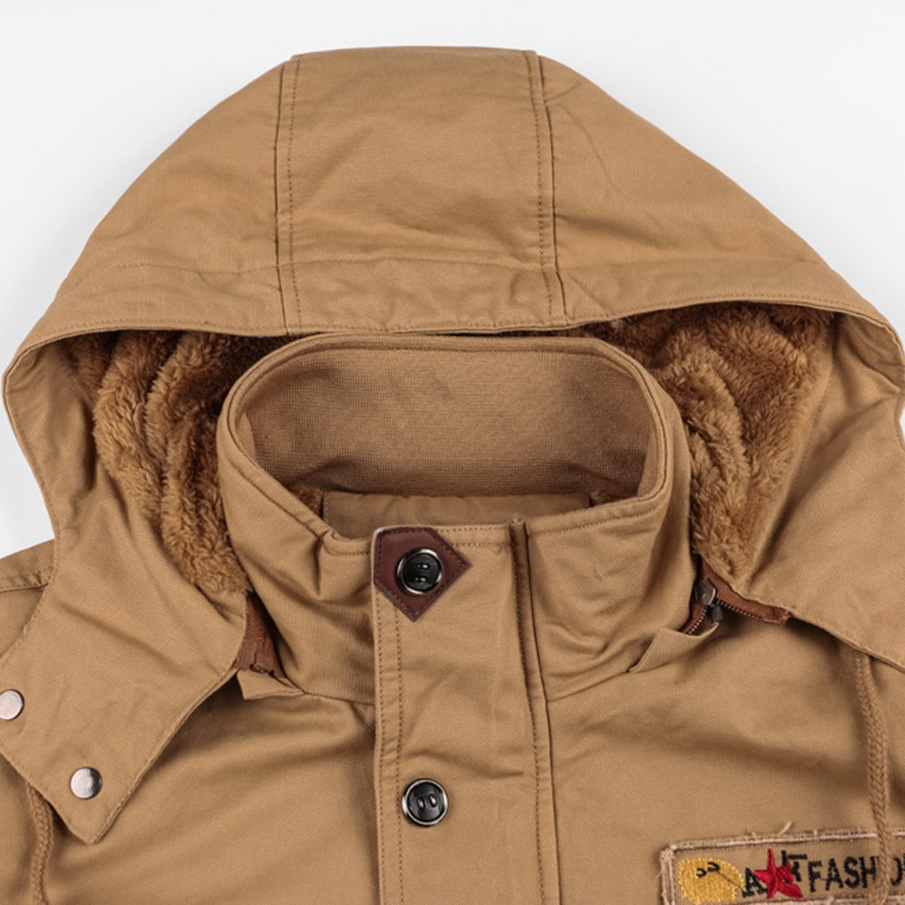Men's Zip Up Cargo Jacket Thickened Winter Detachable Hood Multi Pockets