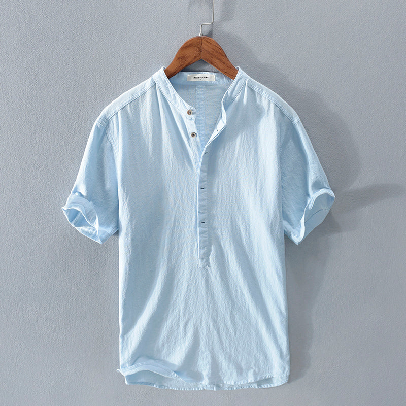 Men's Short Sleeve T Shirt Stand Collar Ice Silk Linen