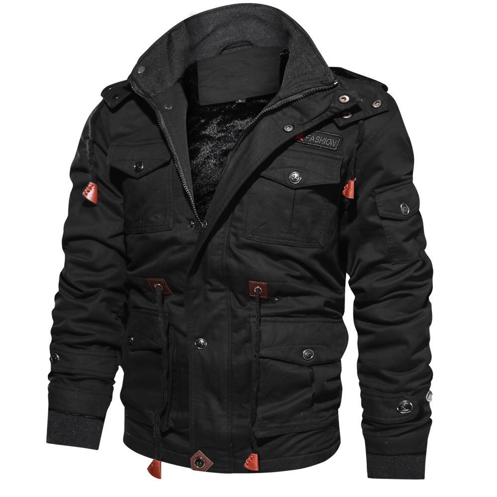 Men's Zip Up Cargo Jacket Thickened Winter Detachable Hood Multi Pockets