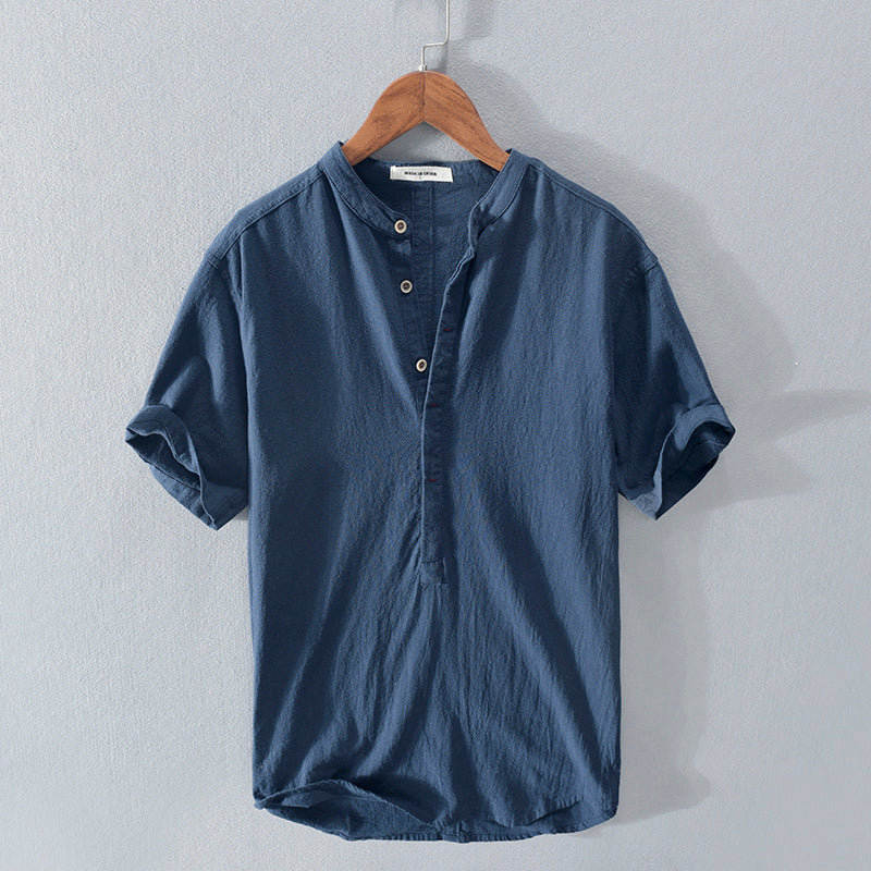 Men's Short Sleeve T Shirt Stand Collar Ice Silk Linen
