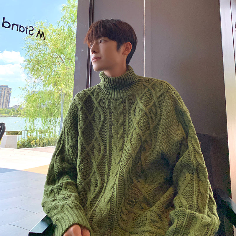 Men's Sweater Turtleneck Jacquard Green