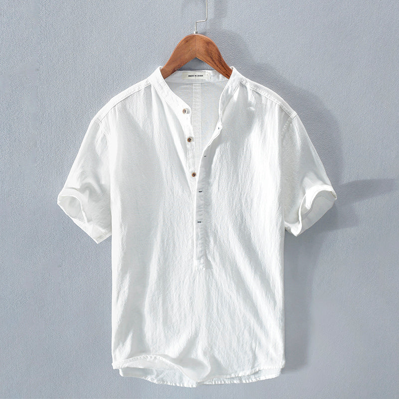 Men's Short Sleeve T Shirt Stand Collar Ice Silk Linen