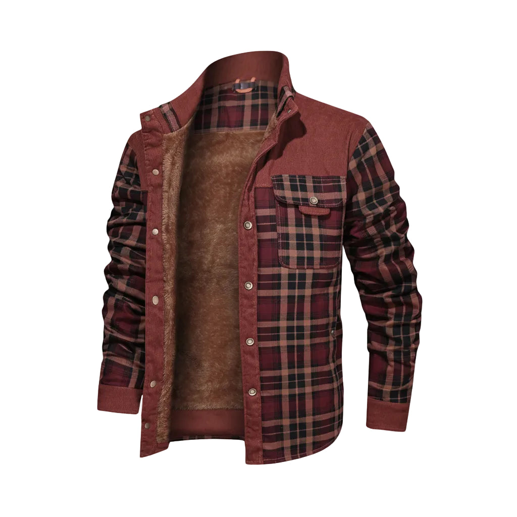 Plaid shirt with brown leather vest on a light gray background