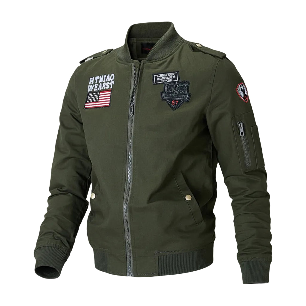 Green jacket with patches on a white background
