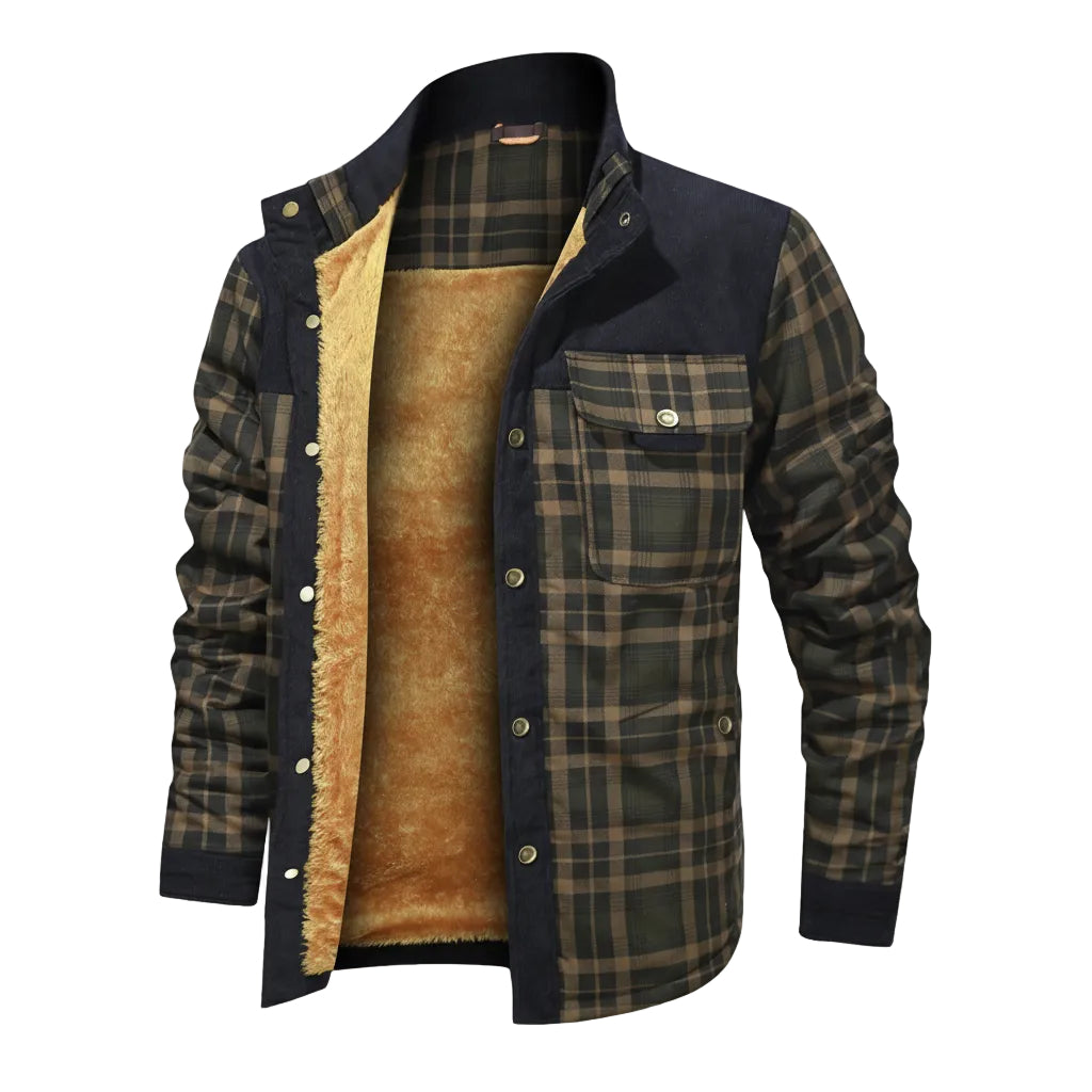 Plaid jacket with brown interior lining on a white background
