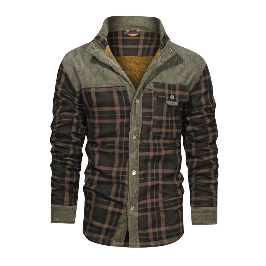 Plaid shirt with green and brown pattern on a white background