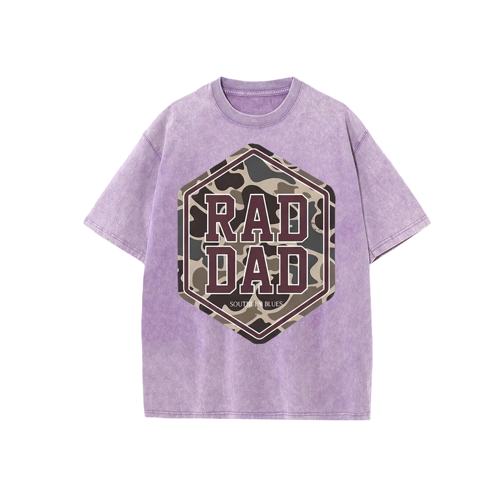 Purple t-shirt with 'RAD DAD' graphic design on a white background