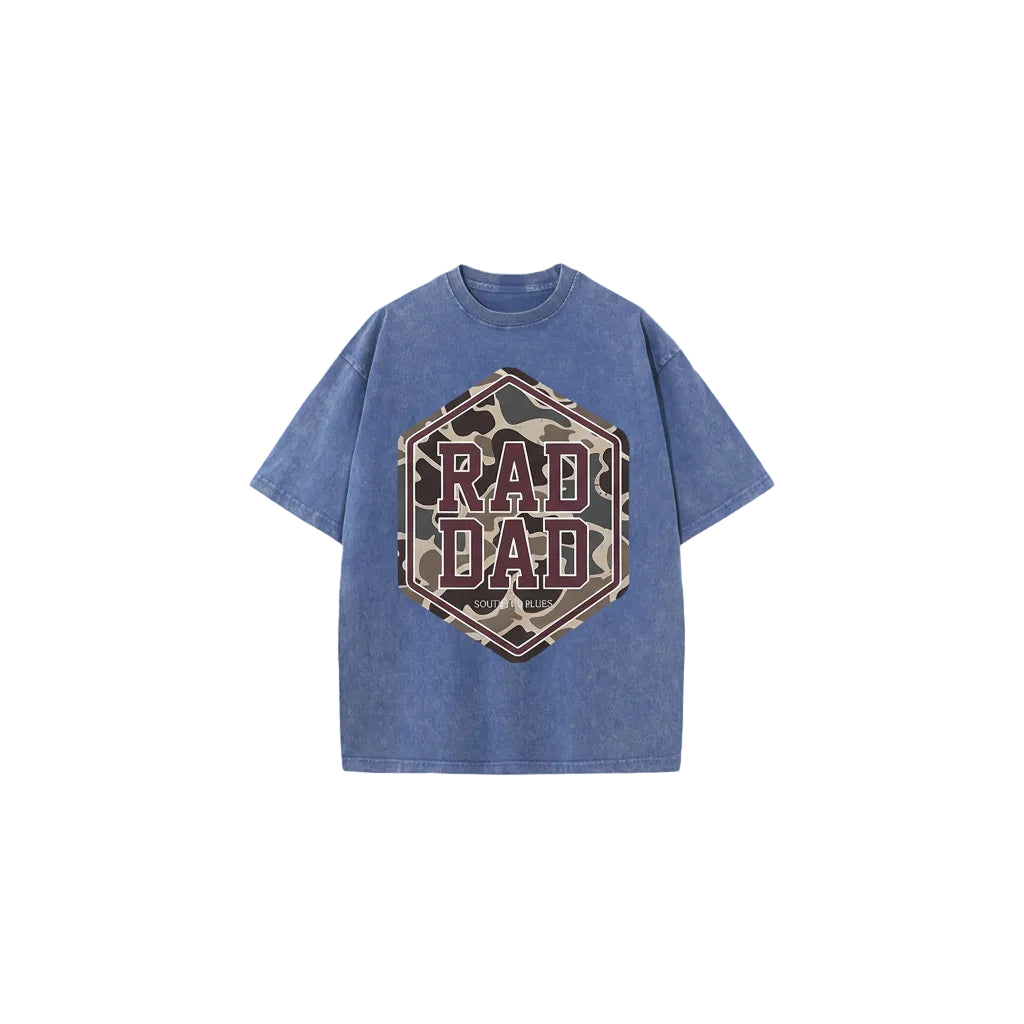 Blue t-shirt with 'RAD DAD' graphic design on a white background