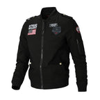 Black jacket with patches on a white background