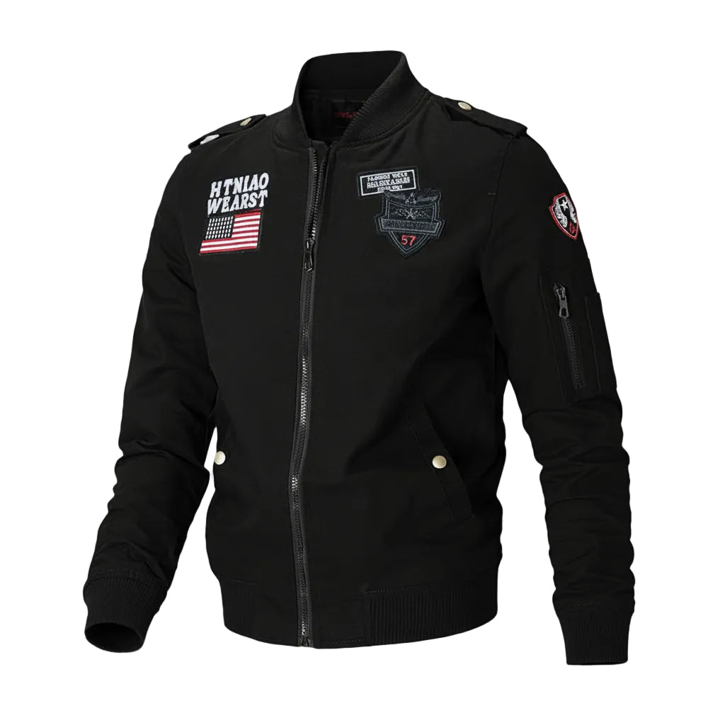 Black jacket with patches on a white background