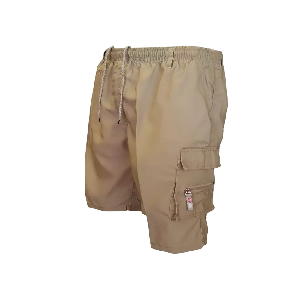 Beige cargo shorts on a white background