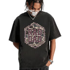Person wearing a black t-shirt with 'RAD DAD' graphic design on a white background