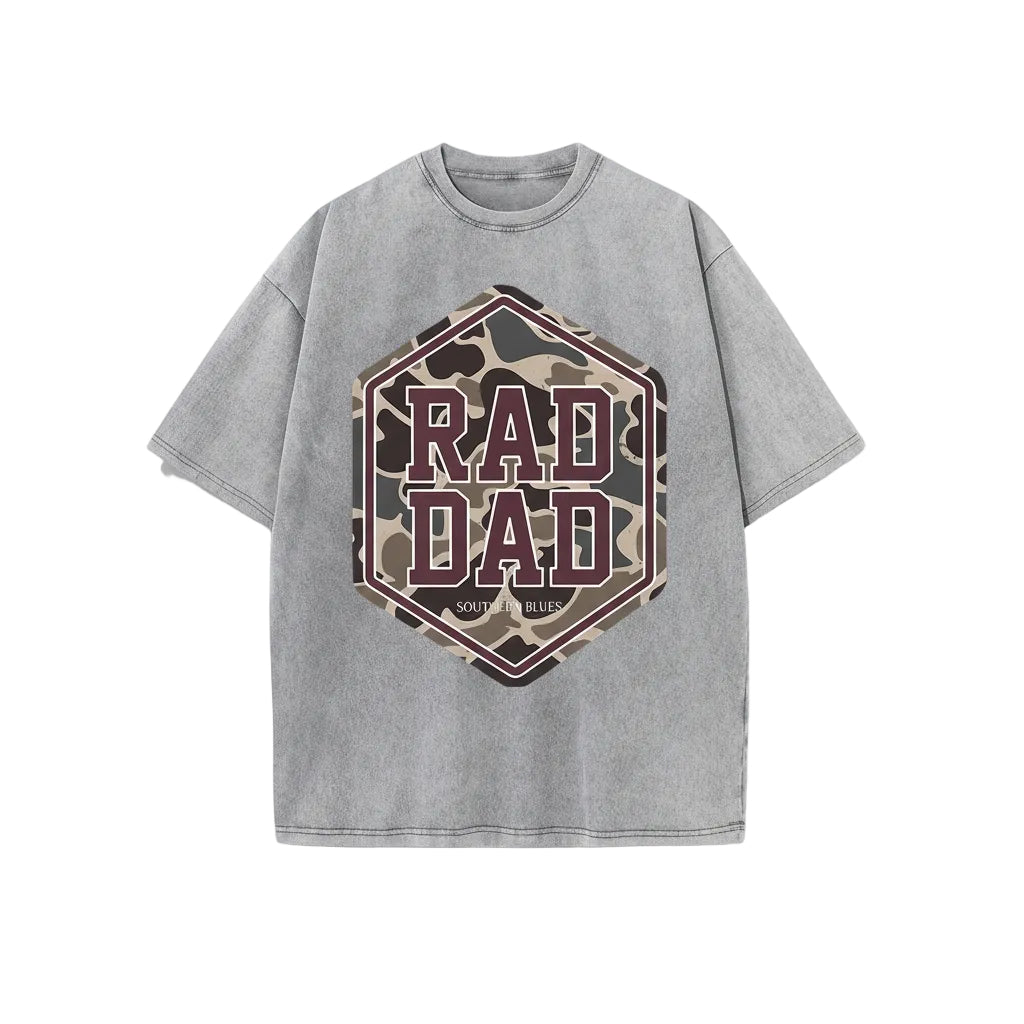 Gray t-shirt with 'RAD DAD' graphic design on a white background