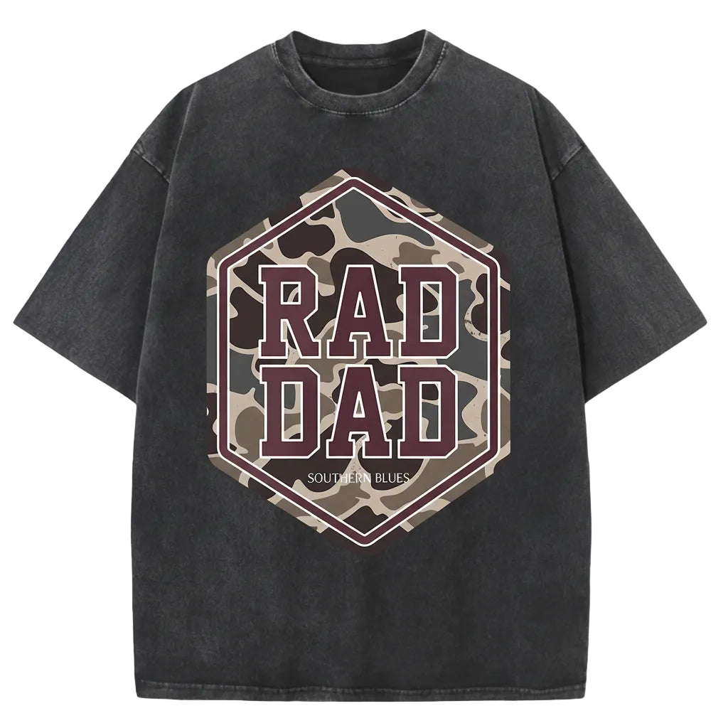 Black t-shirt with 'RAD DAD' graphic design on a white background