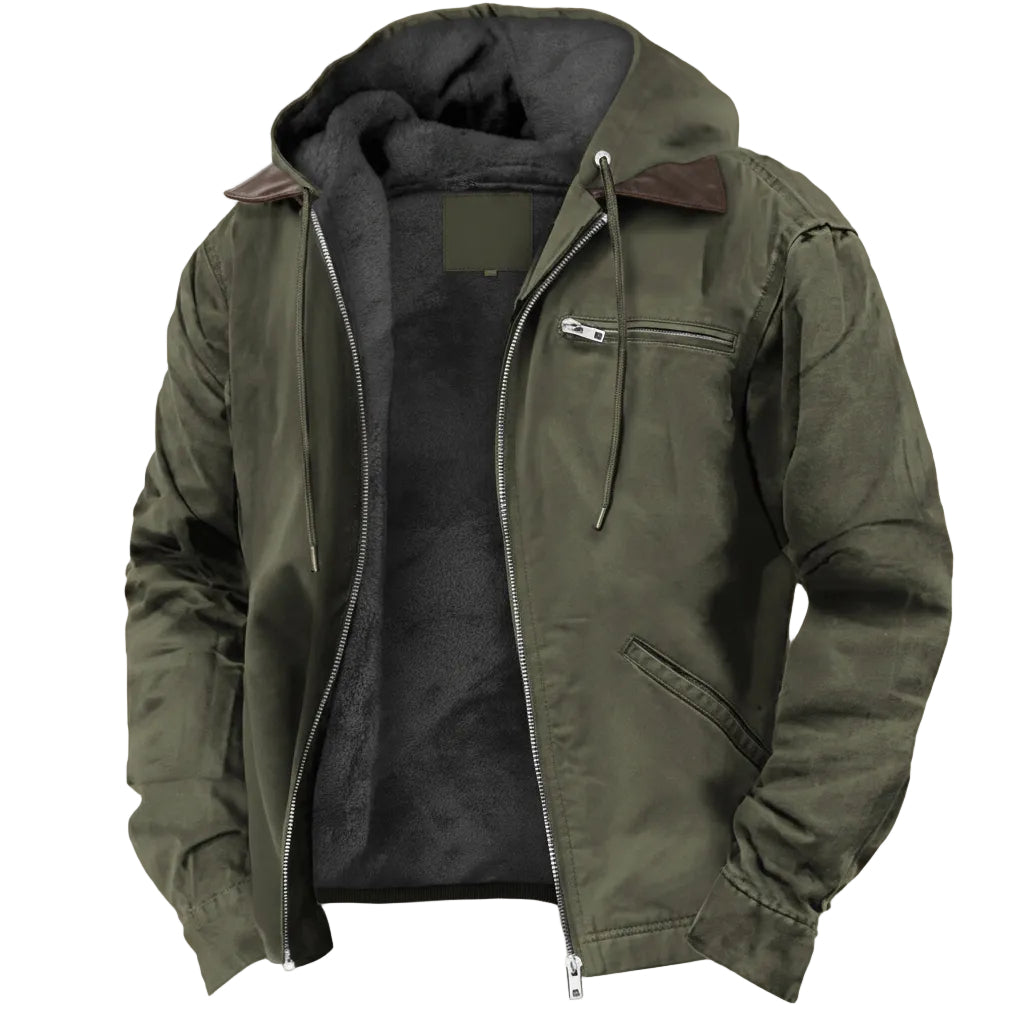 Green jacket with a hood on a white background