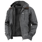 Gray hooded jacket with zippers on a white background