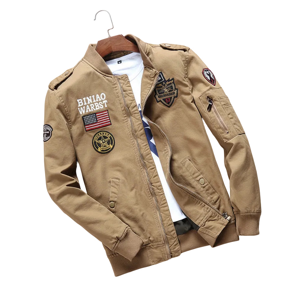 Beige jacket with patches on a gray background