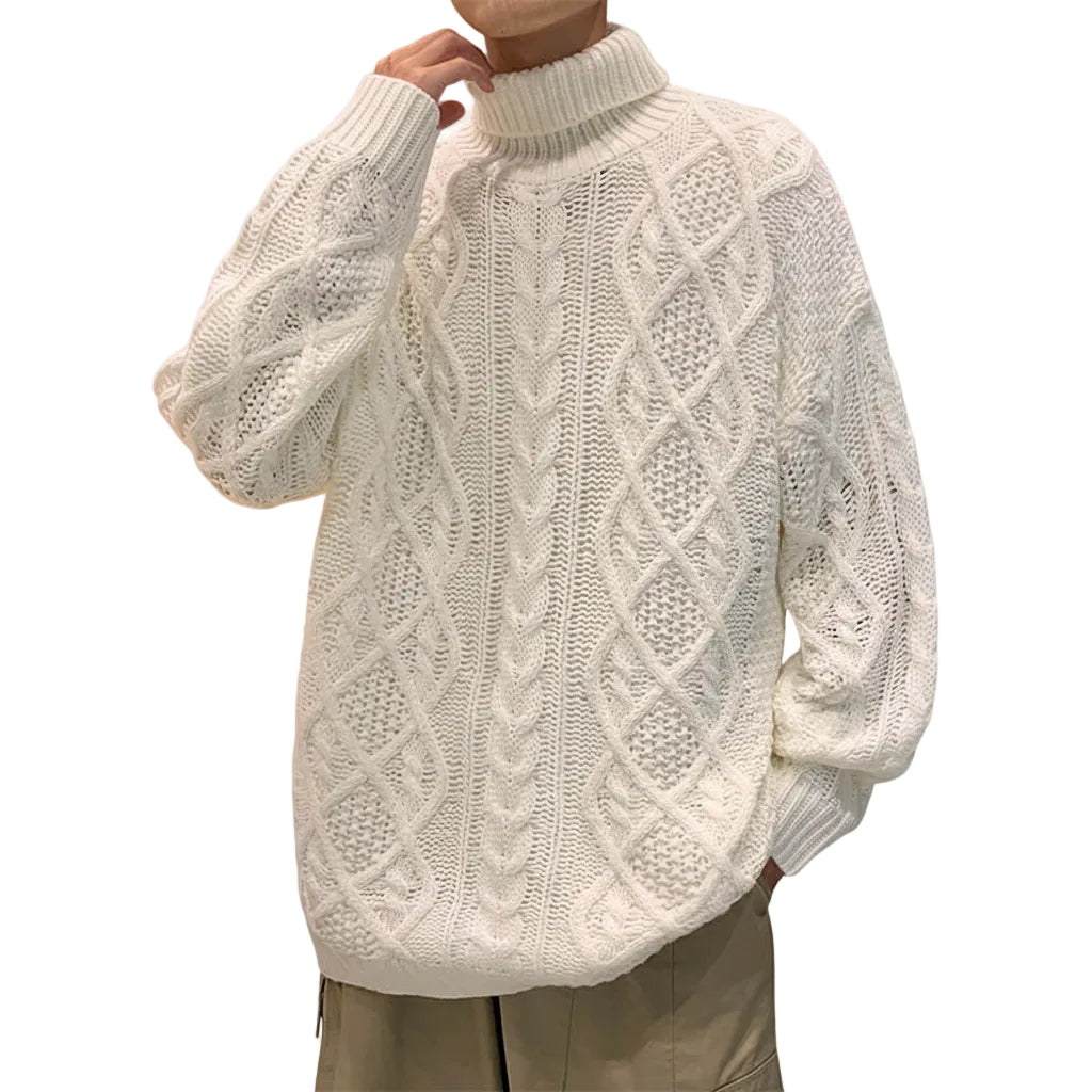 Men's green turtleneck jacquard sweater front view