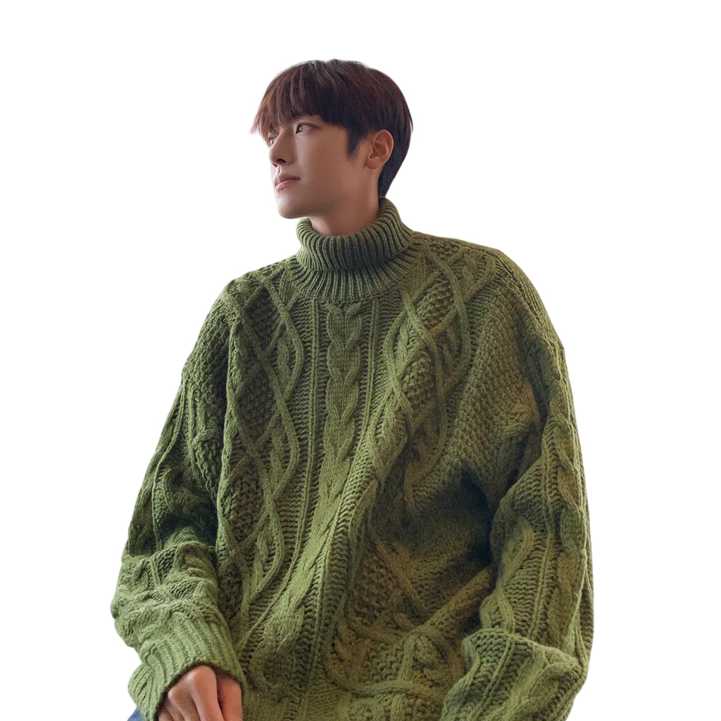 Men's green turtleneck jacquard sweater back view