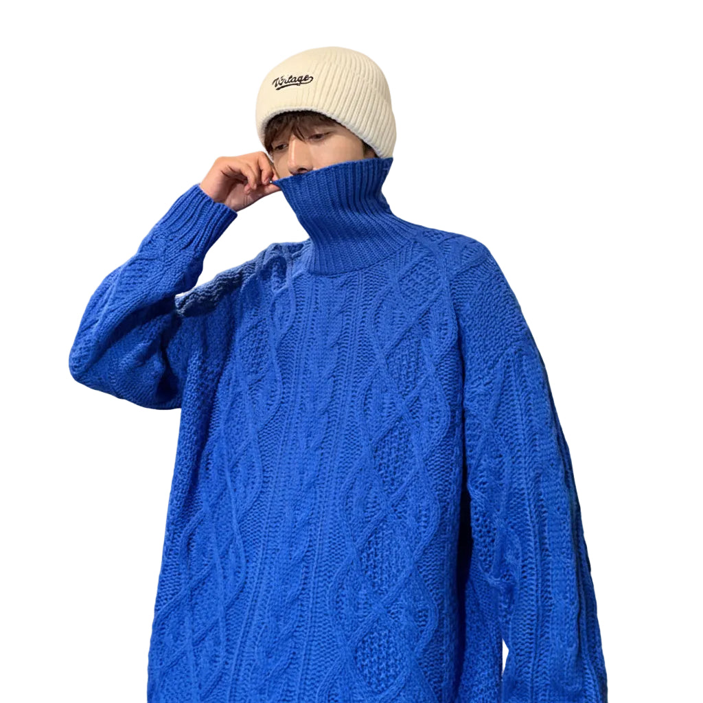 Men's green turtleneck sweater full outfit look