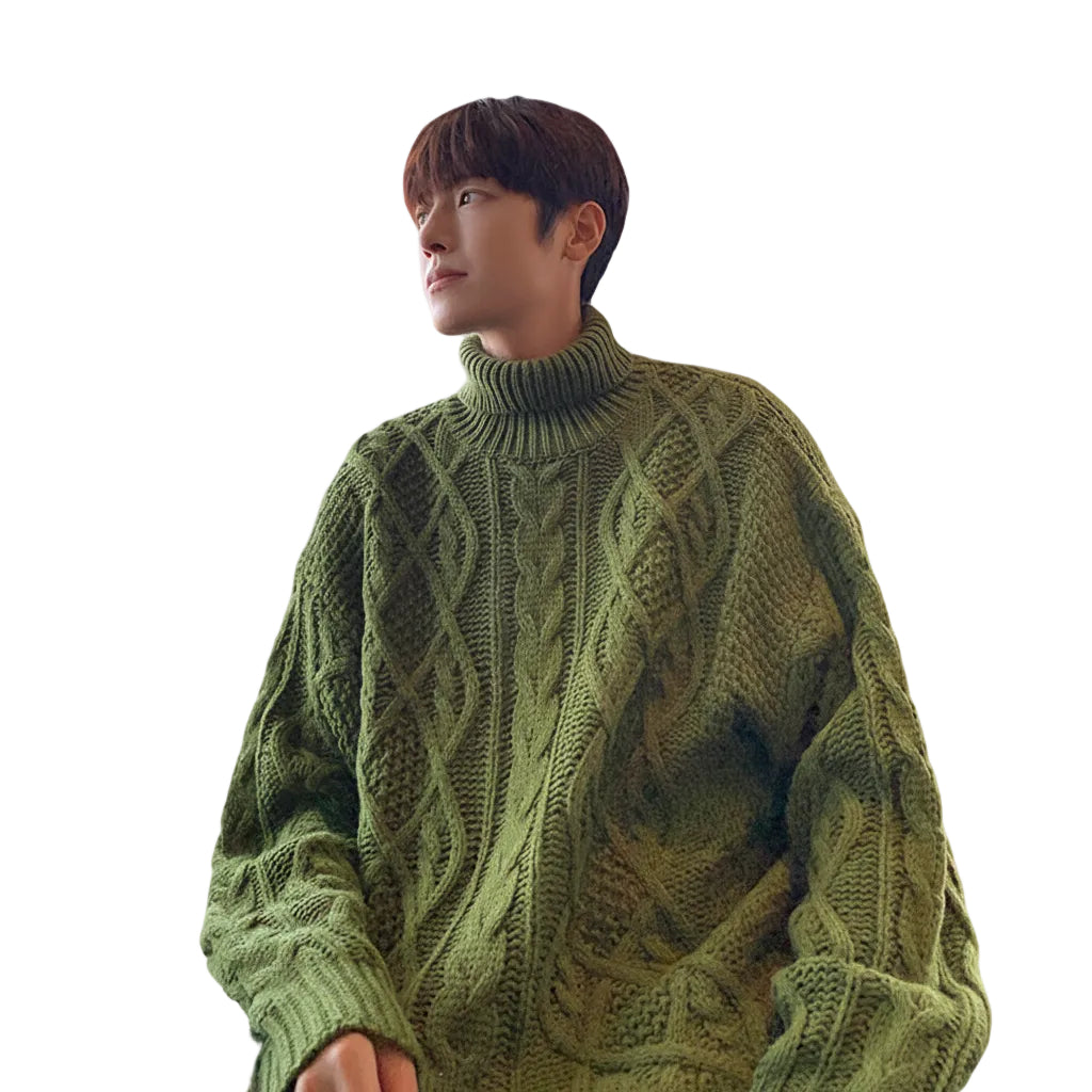 Men's green turtleneck sweater streetwear style
