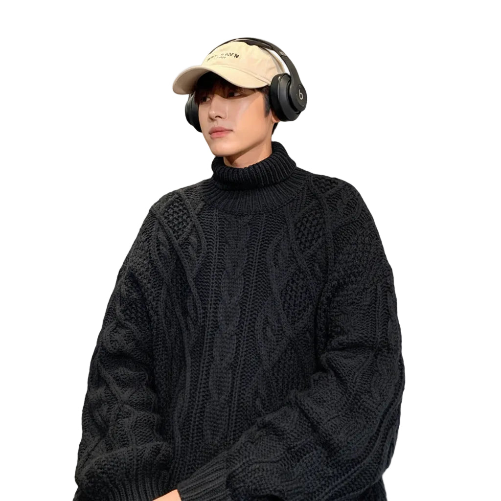 Men's jacquard sweater turtleneck pattern detail