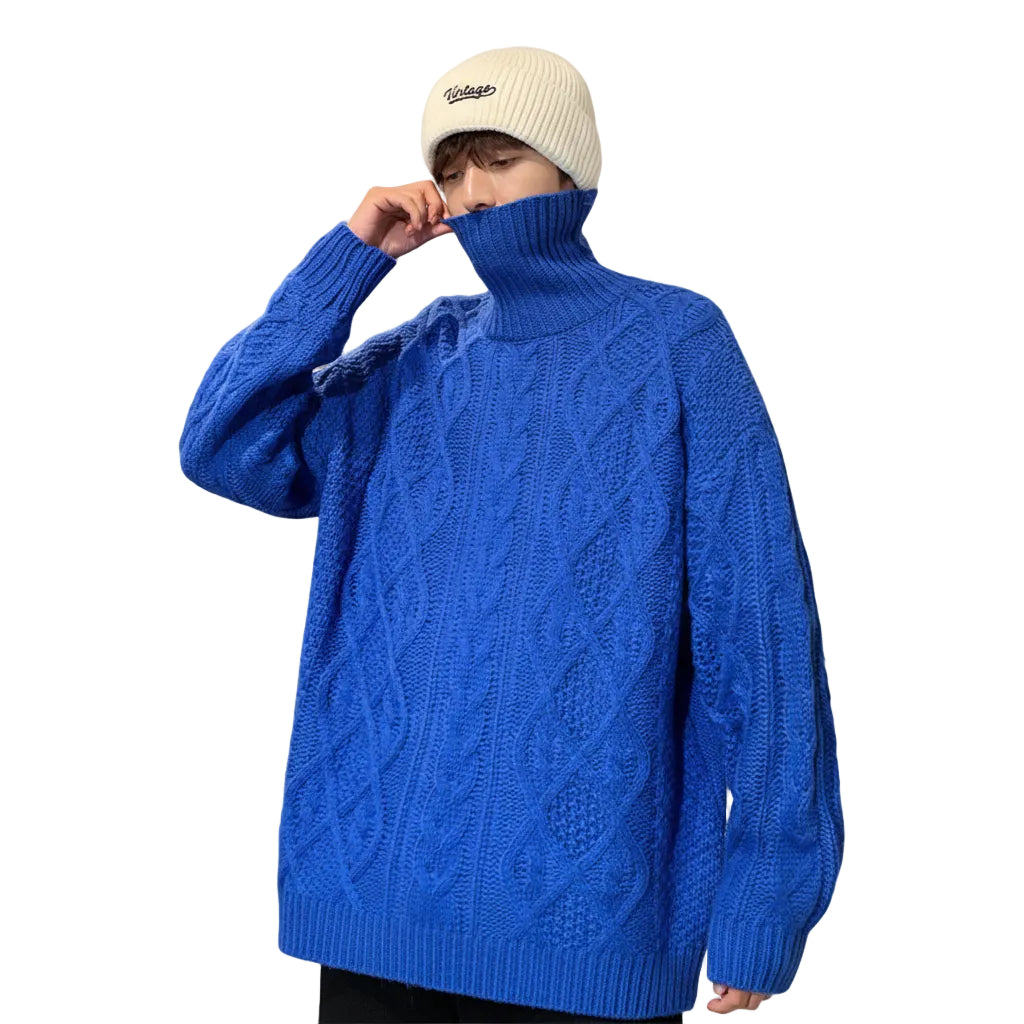 Men's green jacquard turtleneck sweater side view