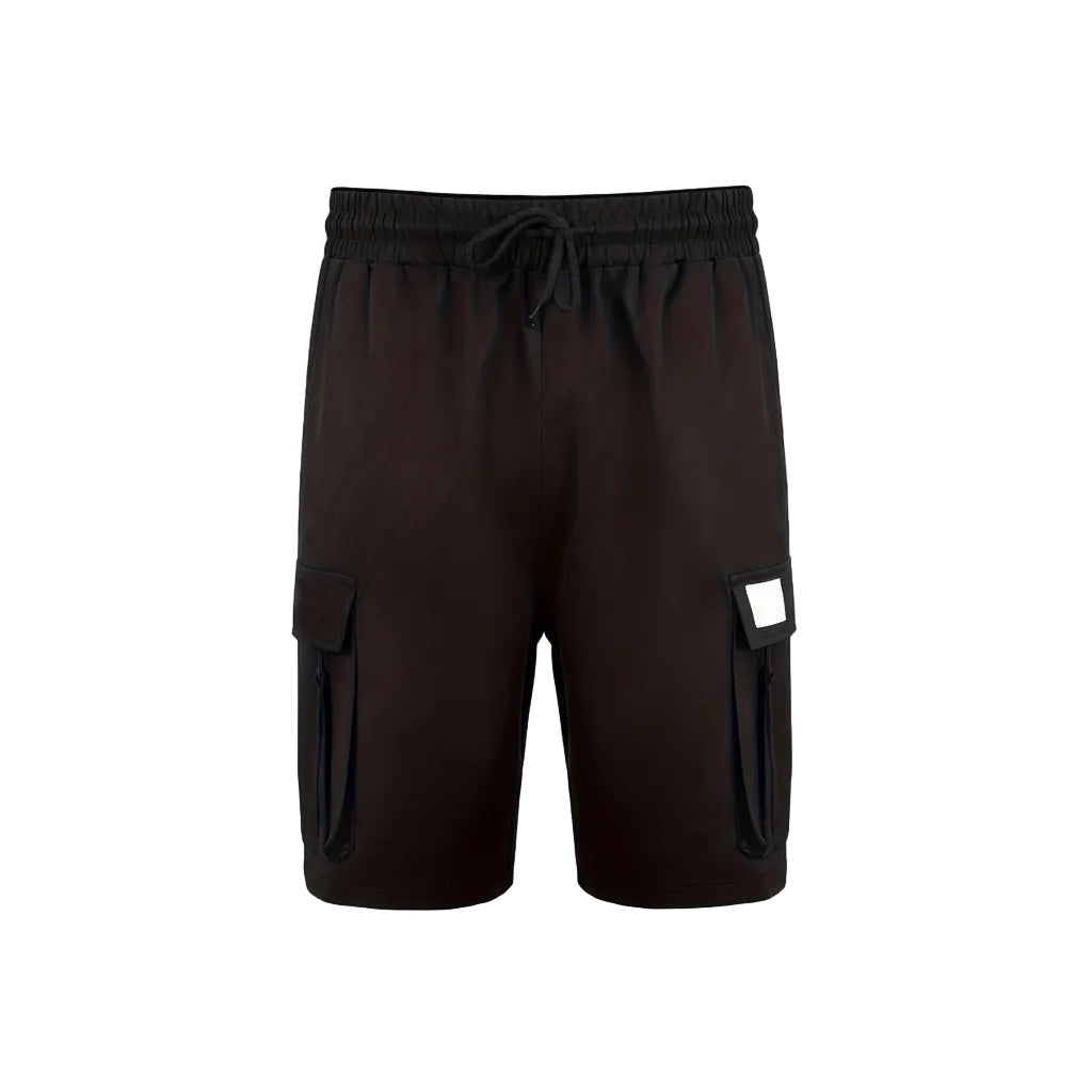 Black cargo shorts on a white background