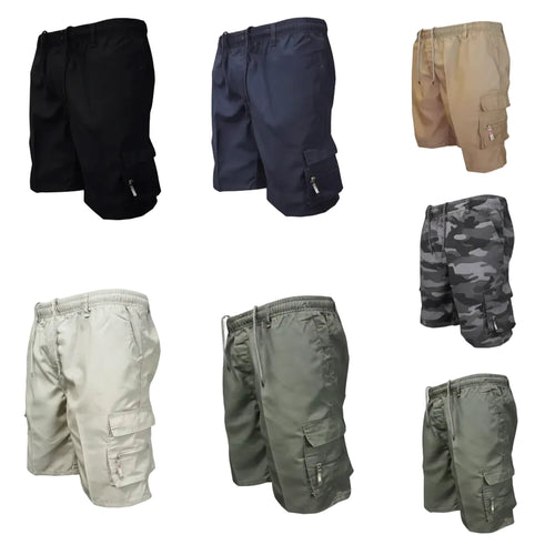 Collection of various cargo shorts in different colors on a white background