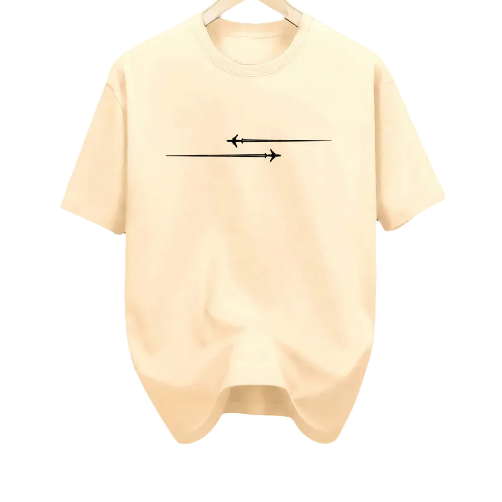 Beige t-shirt with black arrow design on a white background