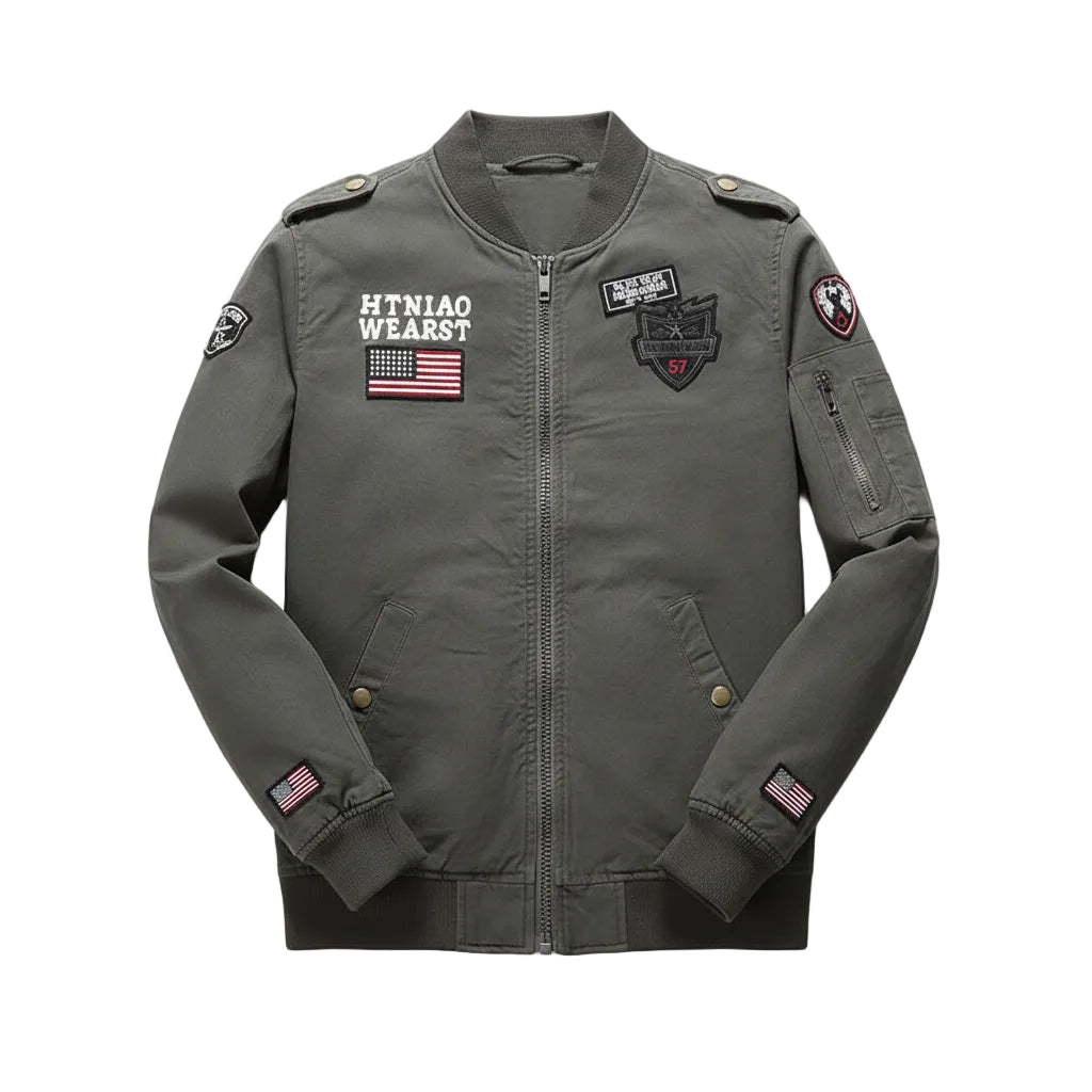 Green jacket with patches on a wooden surface