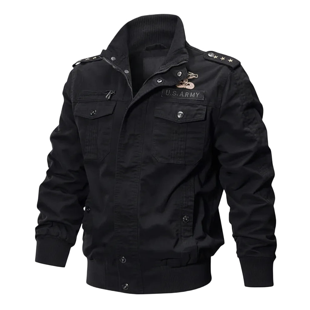Black military-style jacket with flame graphic on a white background