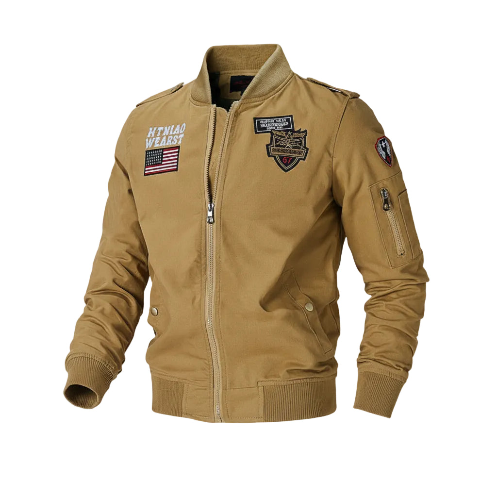 Tan jacket with patches on a white background
