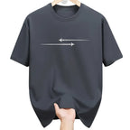 Black t-shirt with white airplane design held in a clothing store.