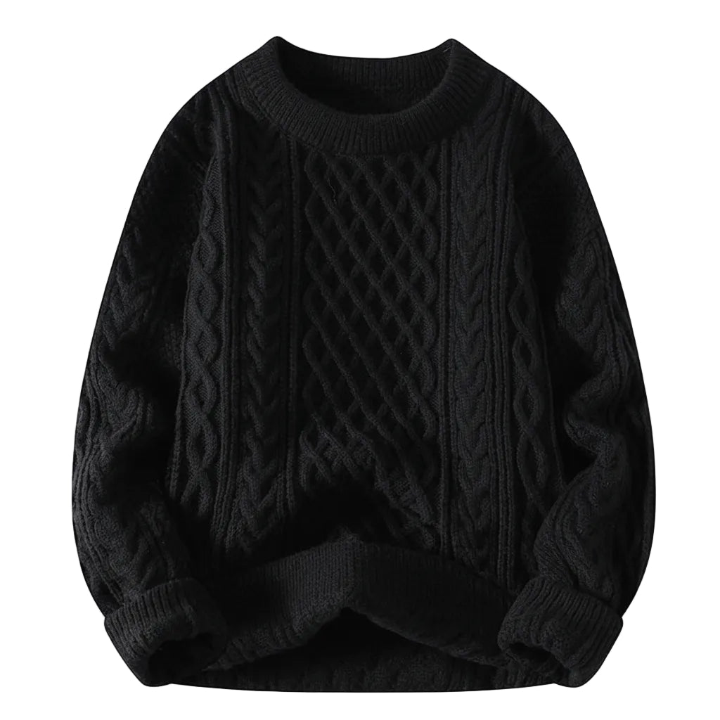 Men's round neck twist knit sweater side view