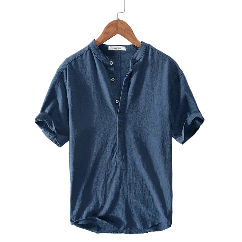 Men's short sleeve stand collar t shirt worn by model
