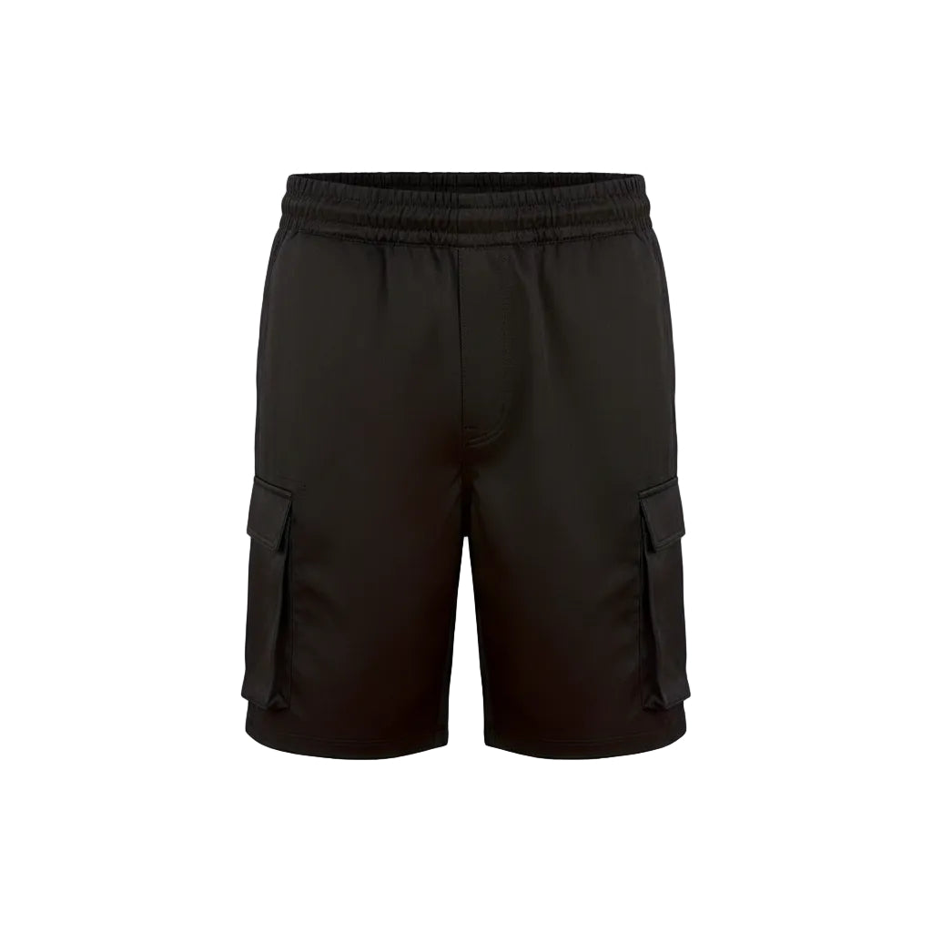 Black athletic shorts with blue accents on a white background