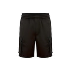 Black athletic shorts with blue accents on a white background