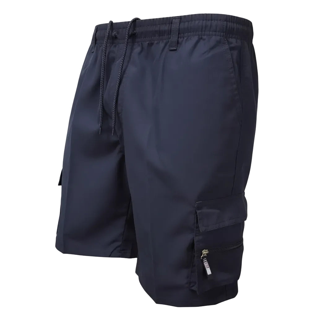 Navy blue shorts with a visible brand logo on a white background