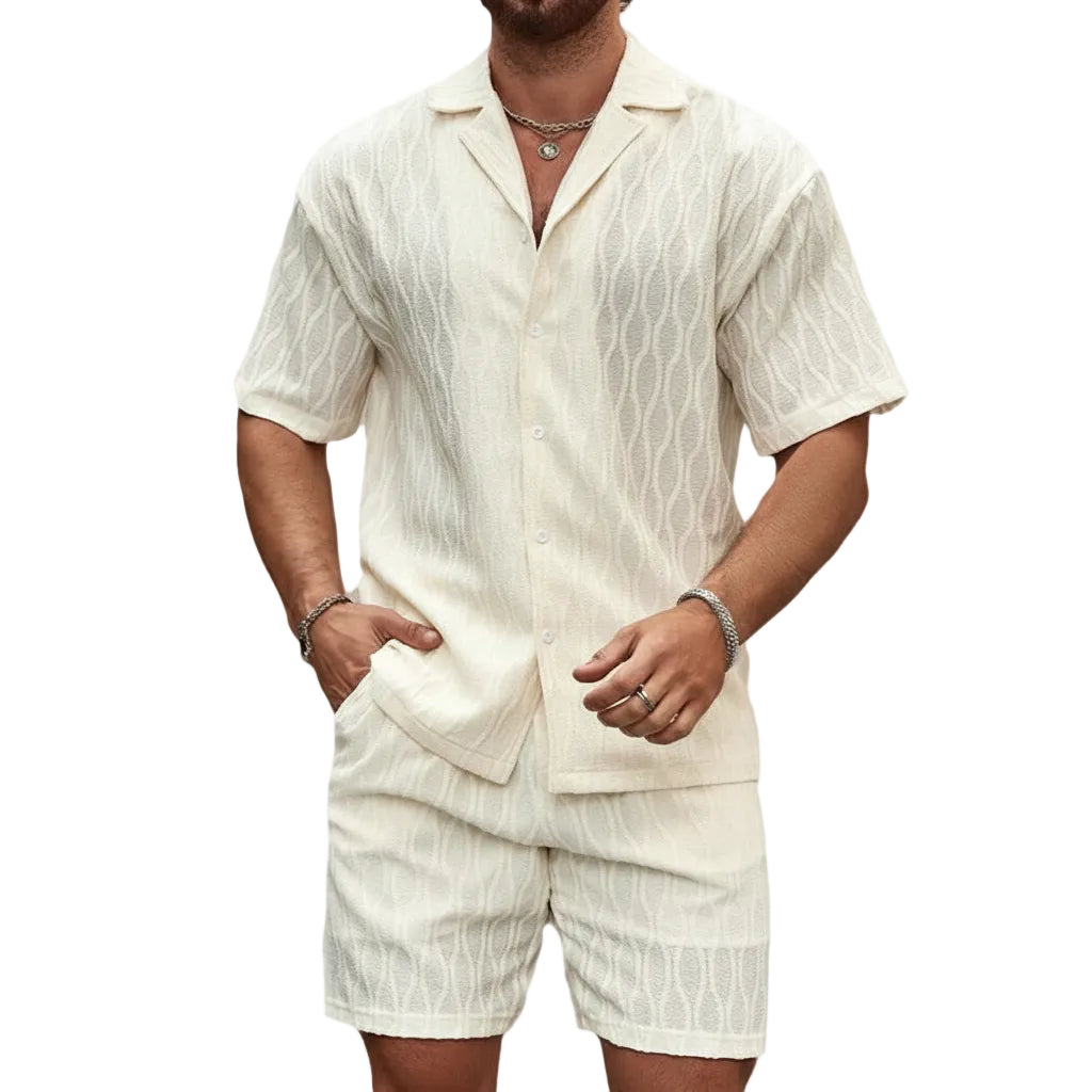 Man wearing a white textured shirt and shorts set on a white background